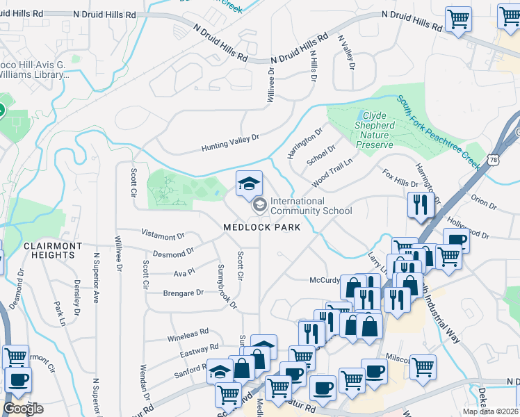 map of restaurants, bars, coffee shops, grocery stores, and more near 2418 Wood Trail Lane in Decatur