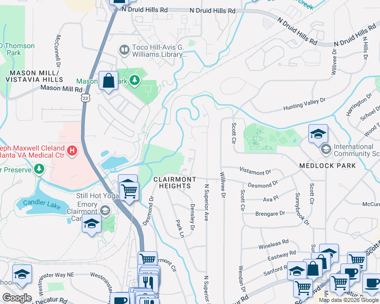 map of restaurants, bars, coffee shops, grocery stores, and more near 847 Heritage Square in Decatur
