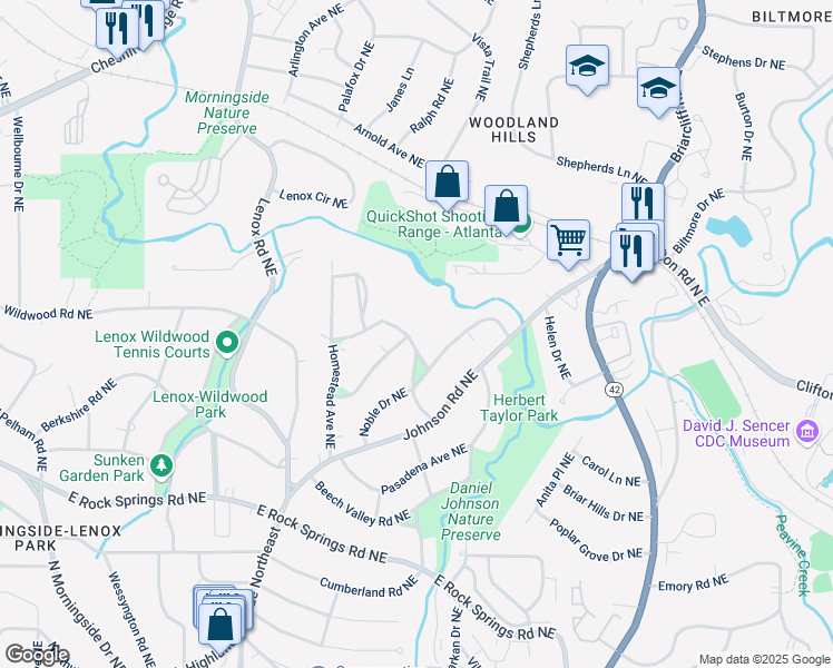 map of restaurants, bars, coffee shops, grocery stores, and more near 1751 Meadowdale Avenue Northeast in Atlanta
