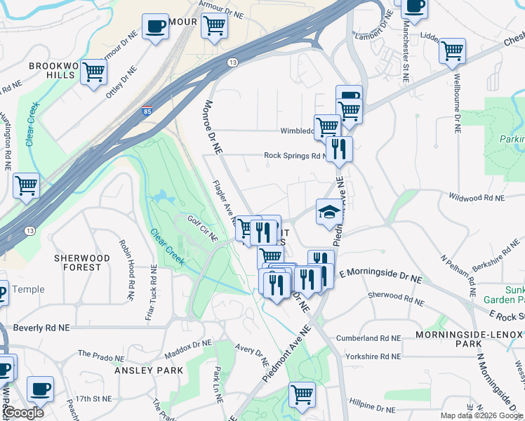 map of restaurants, bars, coffee shops, grocery stores, and more near 505 Allen Road Northeast in Atlanta