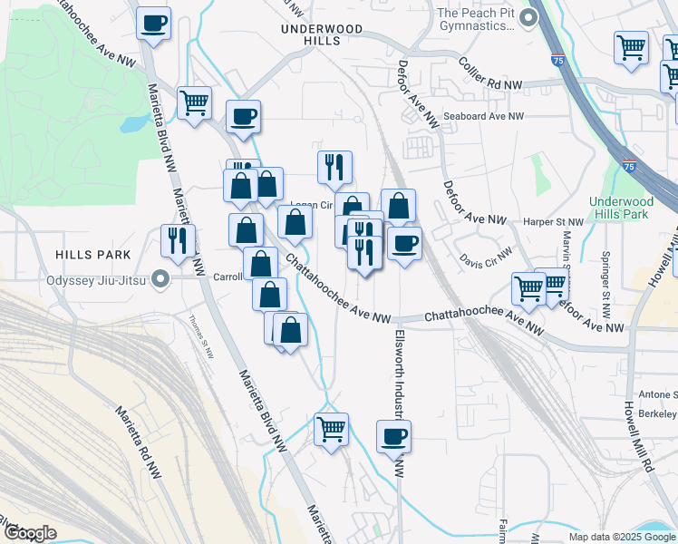 map of restaurants, bars, coffee shops, grocery stores, and more near in Atlanta