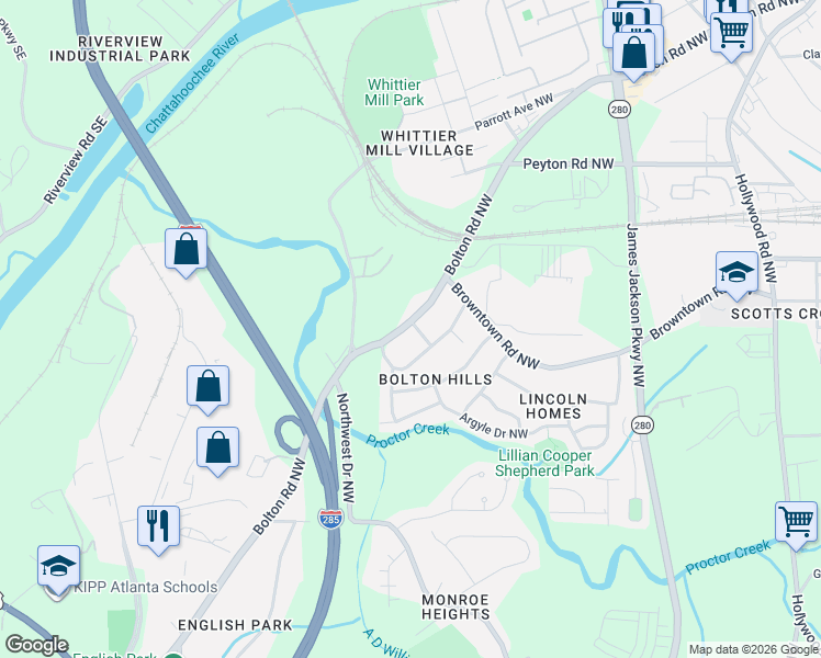 map of restaurants, bars, coffee shops, grocery stores, and more near 1755 Bolton Road Northwest in Atlanta