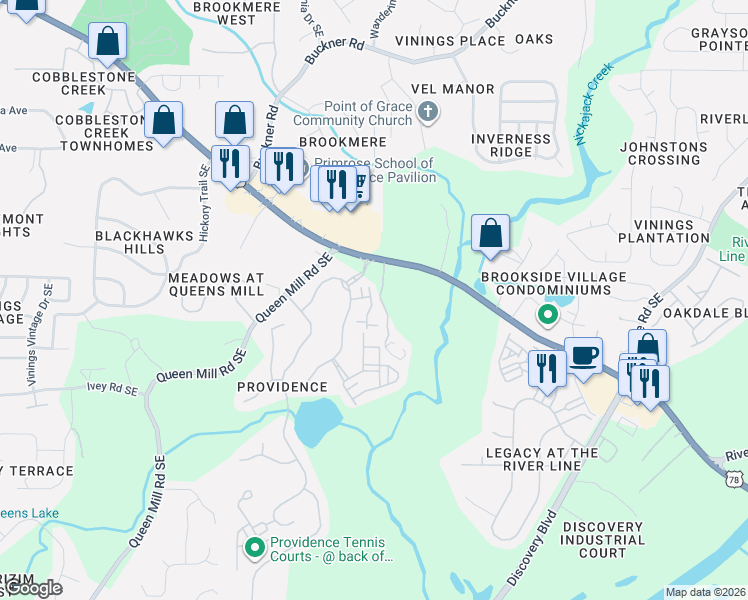map of restaurants, bars, coffee shops, grocery stores, and more near 914 Dennison Drive Southeast in Mableton