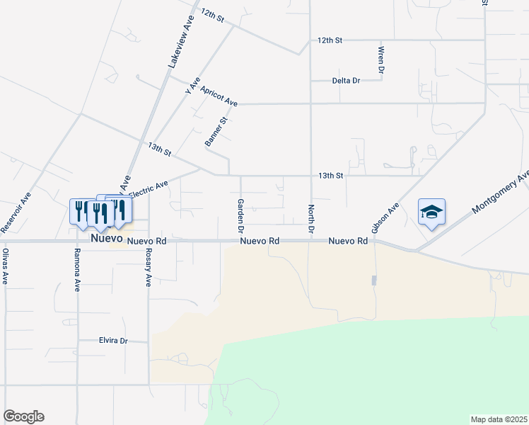 map of restaurants, bars, coffee shops, grocery stores, and more near 30181 Westbrook Drive in Nuevo