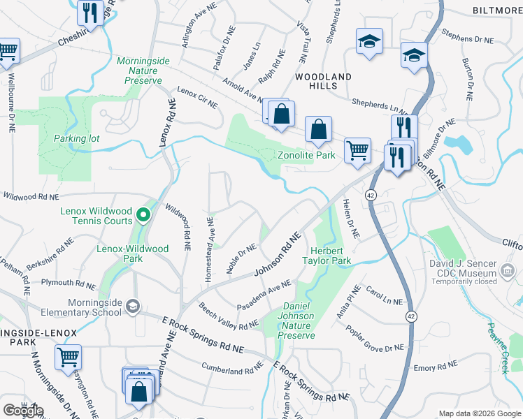 map of restaurants, bars, coffee shops, grocery stores, and more near 1751 Meadowdale Avenue Northeast in Atlanta