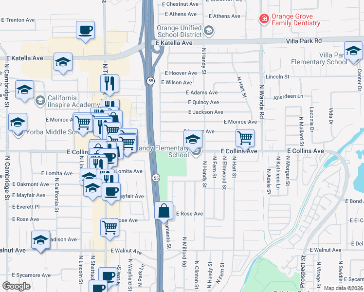 map of restaurants, bars, coffee shops, grocery stores, and more near 2230 East Jacaranda Avenue in Orange