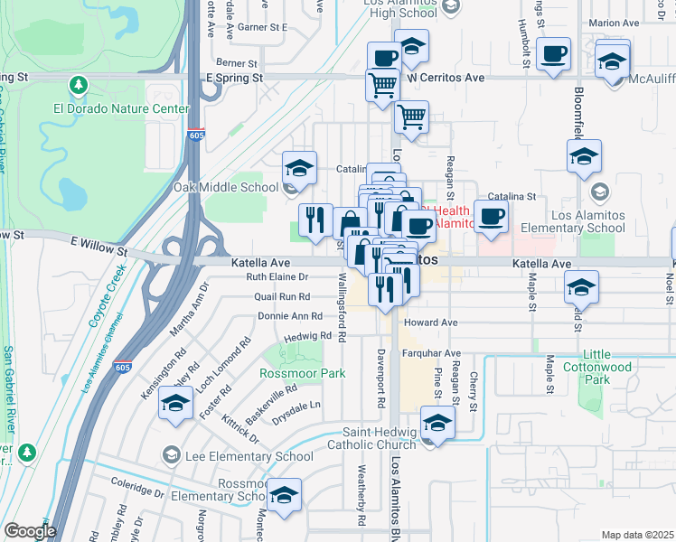 map of restaurants, bars, coffee shops, grocery stores, and more near 3361 Ruth Elaine Drive in Rossmoor