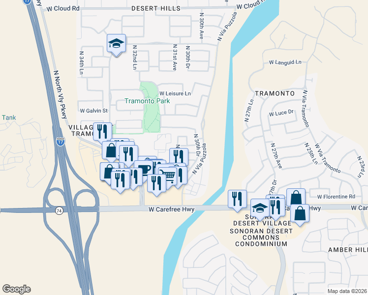 map of restaurants, bars, coffee shops, grocery stores, and more near 3014 West Ferruccio Place in Phoenix