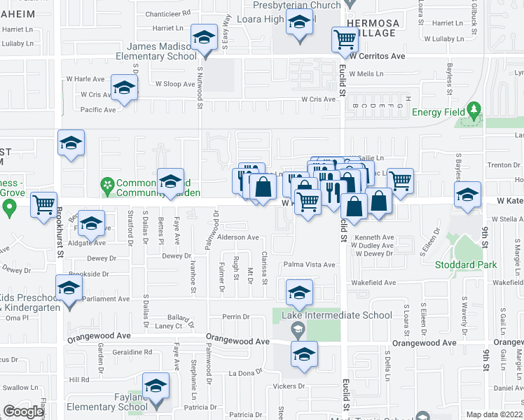 map of restaurants, bars, coffee shops, grocery stores, and more near 10702 Katella Avenue in Anaheim