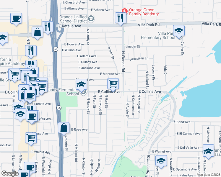 map of restaurants, bars, coffee shops, grocery stores, and more near 917 North Hart Street in Orange