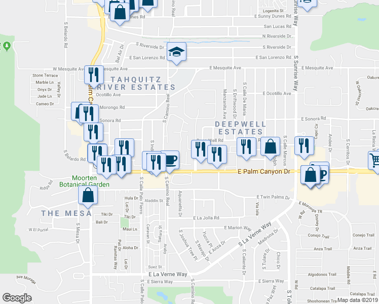 map of restaurants, bars, coffee shops, grocery stores, and more near 1028 East Palm Canyon Drive in Palm Springs