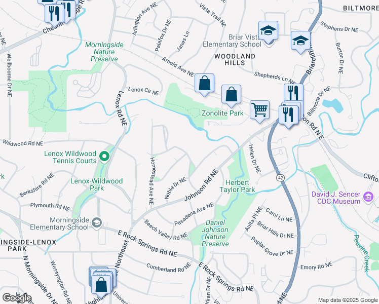 map of restaurants, bars, coffee shops, grocery stores, and more near 1751 Meadowdale Avenue Northeast in Atlanta