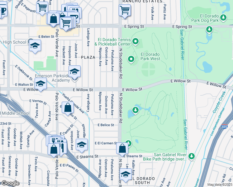 map of restaurants, bars, coffee shops, grocery stores, and more near 2547 North Studebaker Road in Long Beach