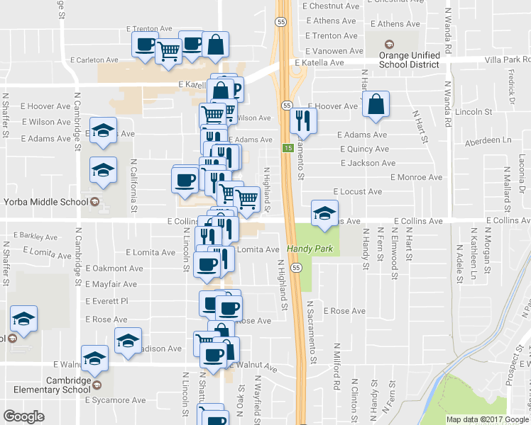 map of restaurants, bars, coffee shops, grocery stores, and more near 931 North Highland Street in Orange