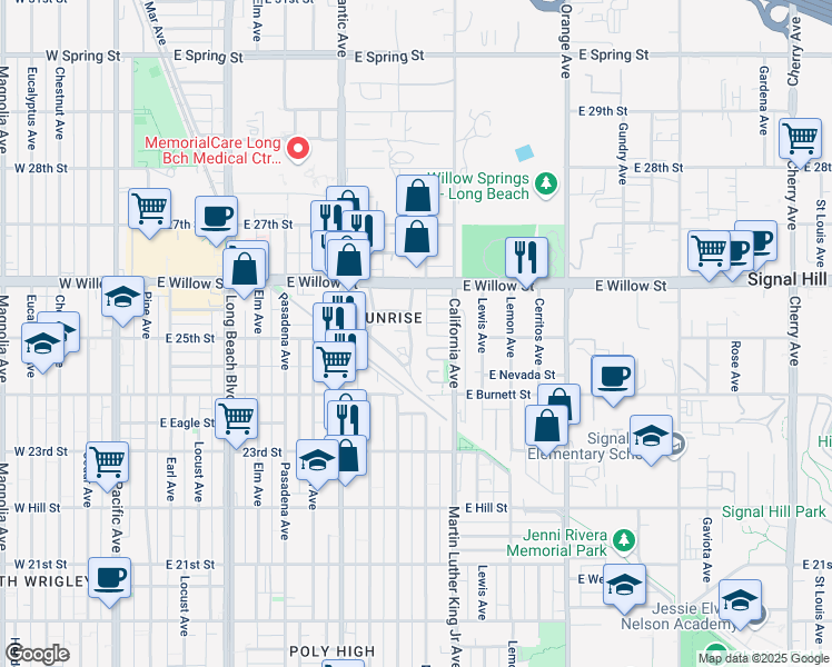 map of restaurants, bars, coffee shops, grocery stores, and more near 2500 Olive Avenue in Long Beach