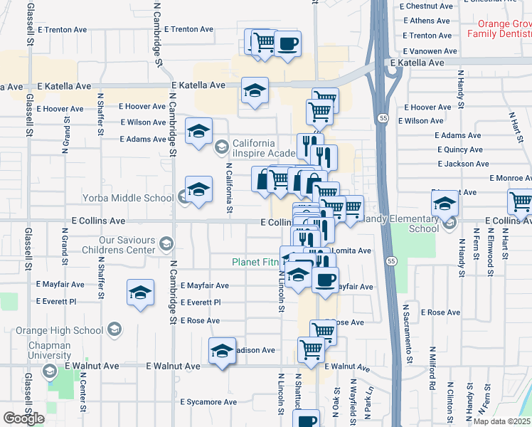 map of restaurants, bars, coffee shops, grocery stores, and more near 1409 East Collins Avenue in Orange