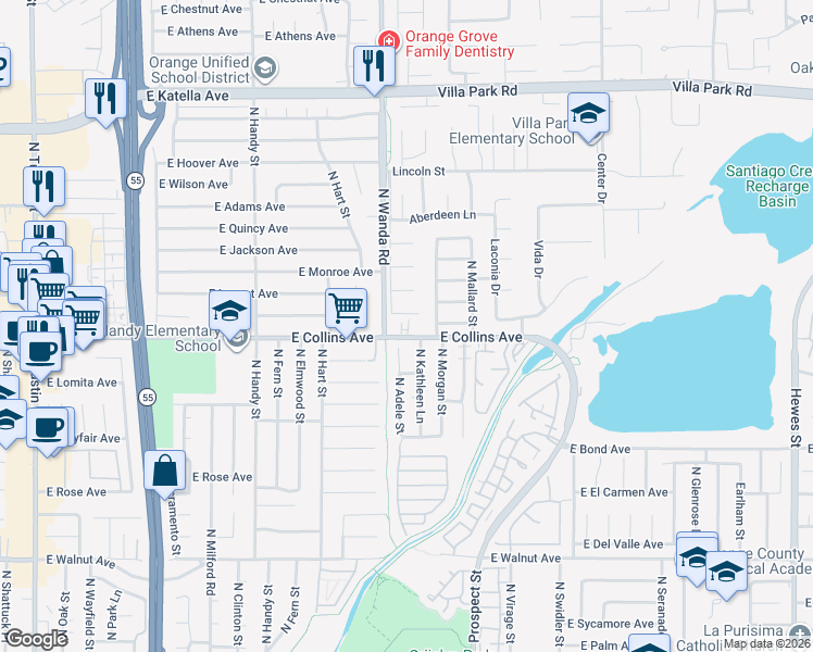 map of restaurants, bars, coffee shops, grocery stores, and more near 17871 East Collins Avenue in Villa Park