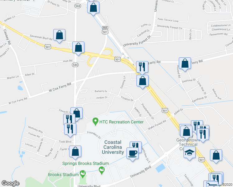map of restaurants, bars, coffee shops, grocery stores, and more near 1700 Destiny Lane in Conway