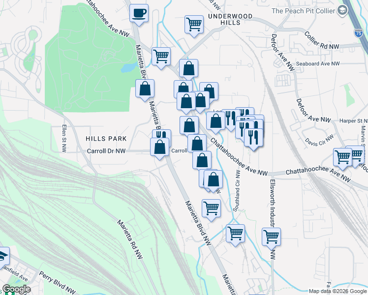 map of restaurants, bars, coffee shops, grocery stores, and more near 1433 Carroll Drive Northwest in Atlanta