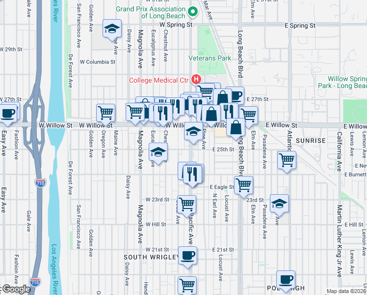map of restaurants, bars, coffee shops, grocery stores, and more near 219 West 25th Street in Long Beach