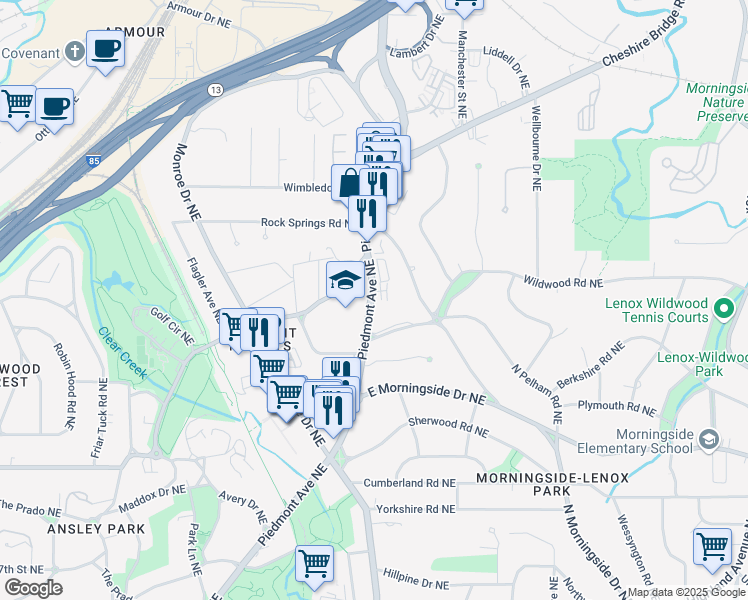 map of restaurants, bars, coffee shops, grocery stores, and more near 1763 Piedmont Avenue Northeast in Atlanta