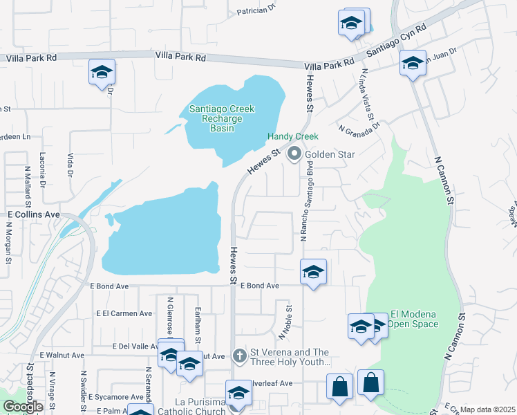 map of restaurants, bars, coffee shops, grocery stores, and more near 4621 East Swallow Avenue in Orange