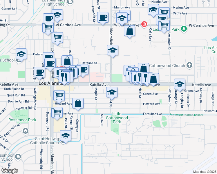 map of restaurants, bars, coffee shops, grocery stores, and more near 3952 Katella Avenue in Los Alamitos