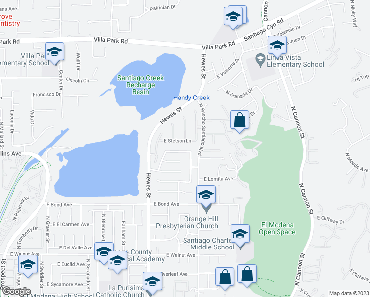 map of restaurants, bars, coffee shops, grocery stores, and more near 4745 East Swallow Avenue in Orange