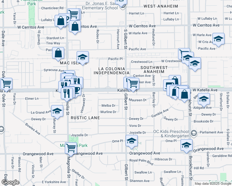 map of restaurants, bars, coffee shops, grocery stores, and more near 9401 Meridian Lane in Garden Grove