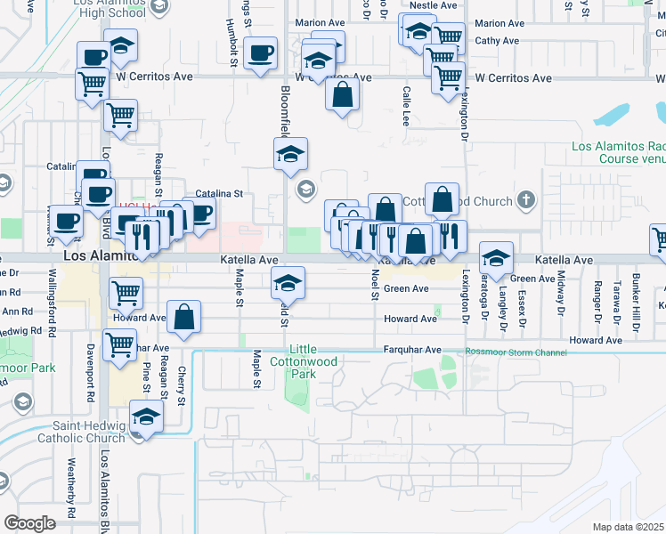 map of restaurants, bars, coffee shops, grocery stores, and more near 4161 Green Avenue in Los Alamitos