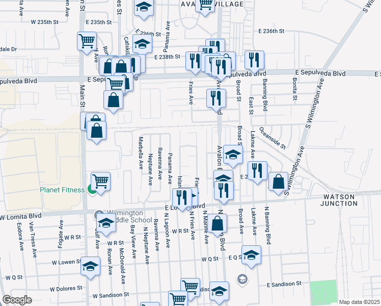 map of restaurants, bars, coffee shops, grocery stores, and more near 524 East 246th Street in Carson