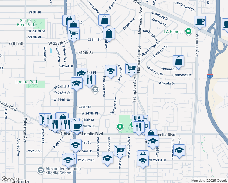 map of restaurants, bars, coffee shops, grocery stores, and more near 1407 West 245th Street in Los Angeles