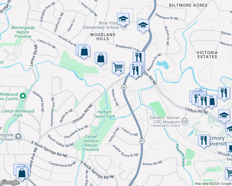 map of restaurants, bars, coffee shops, grocery stores, and more near 1755 Helen Drive Northeast in Atlanta