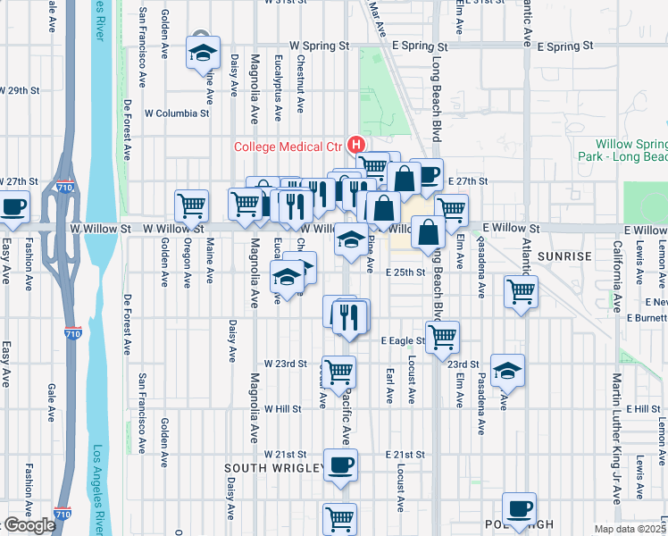 map of restaurants, bars, coffee shops, grocery stores, and more near 221 West 25th Street in Long Beach