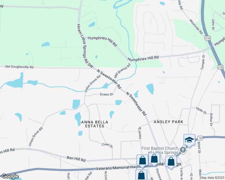 map of restaurants, bars, coffee shops, grocery stores, and more near 6255 North Sweetwater Road in Lithia Springs