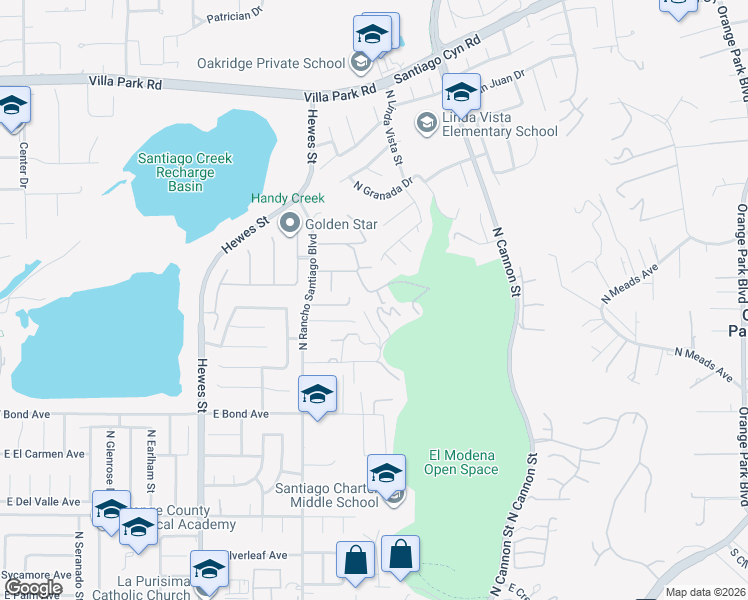 map of restaurants, bars, coffee shops, grocery stores, and more near 5152 Glen Albyn Lane in Orange