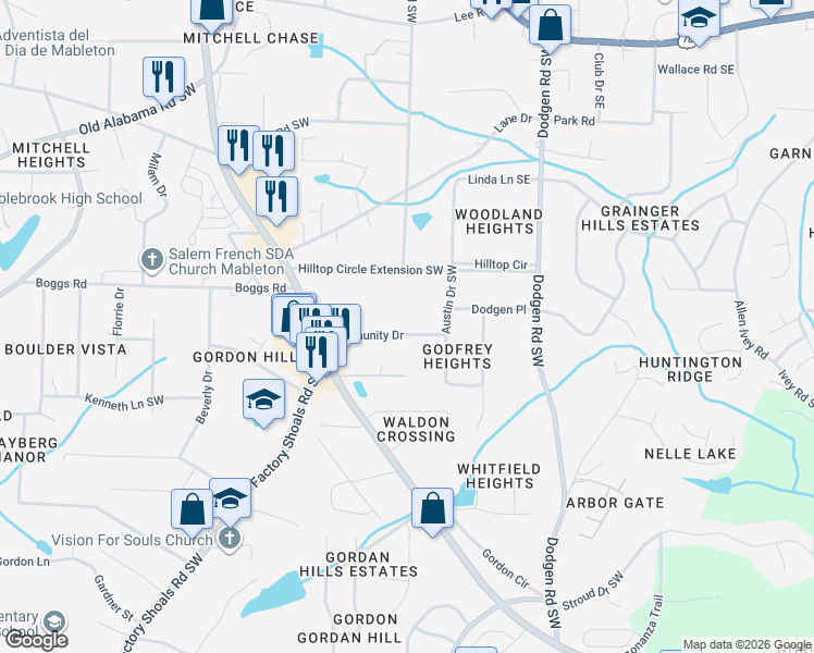 map of restaurants, bars, coffee shops, grocery stores, and more near 330 Community Drive in Mableton