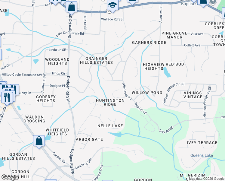 map of restaurants, bars, coffee shops, grocery stores, and more near 104 Milam Creek Road in Mableton