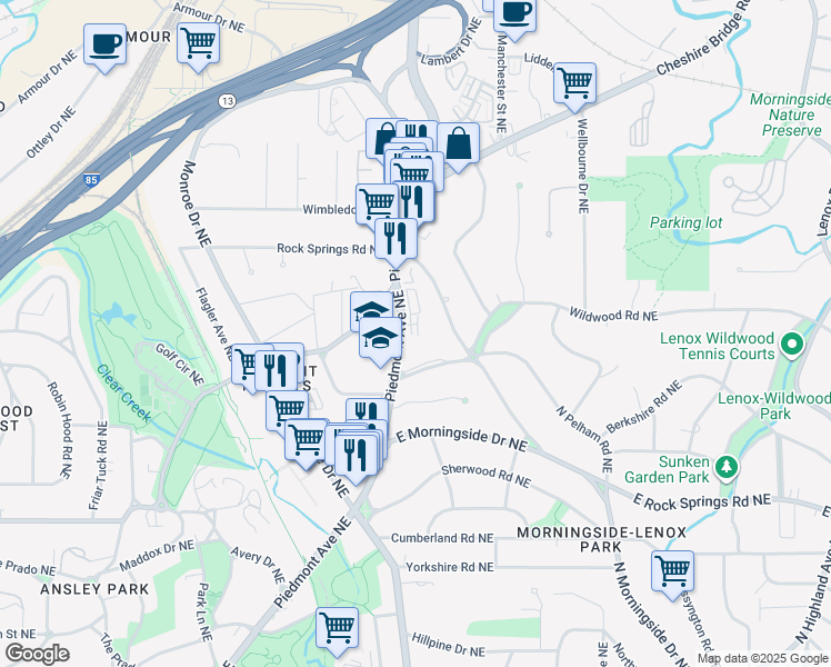 map of restaurants, bars, coffee shops, grocery stores, and more near 648 East Pelham Road Northeast in Atlanta