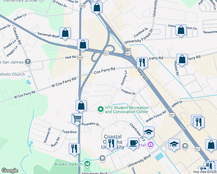map of restaurants, bars, coffee shops, grocery stores, and more near 1783 Barberry Drive in Conway