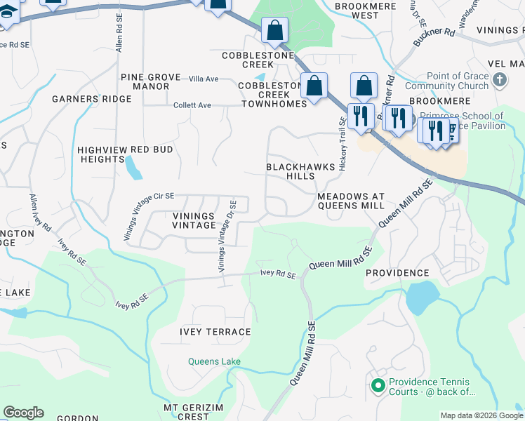 map of restaurants, bars, coffee shops, grocery stores, and more near 6066 Blackhawk Trail Southeast in Mableton