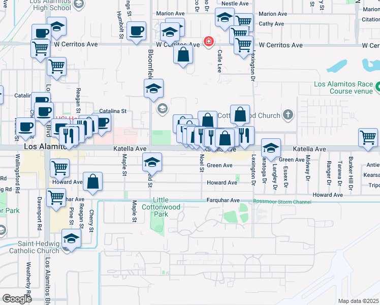 map of restaurants, bars, coffee shops, grocery stores, and more near 4161 Green Avenue in Los Alamitos