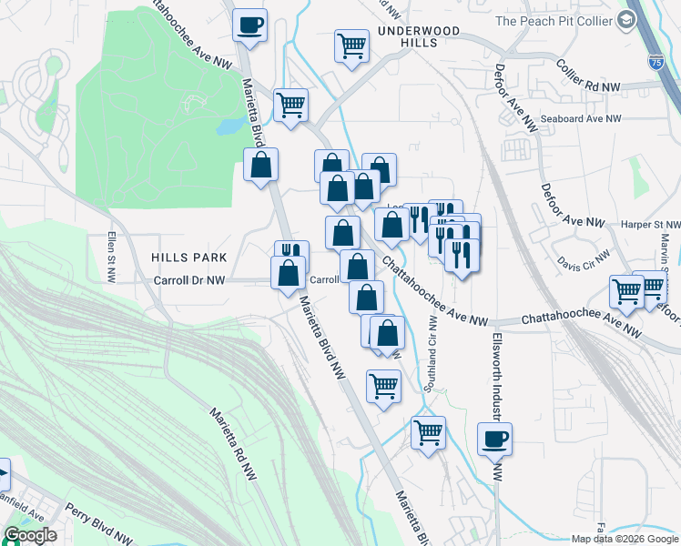 map of restaurants, bars, coffee shops, grocery stores, and more near 1433 Carroll Drive Northwest in Atlanta