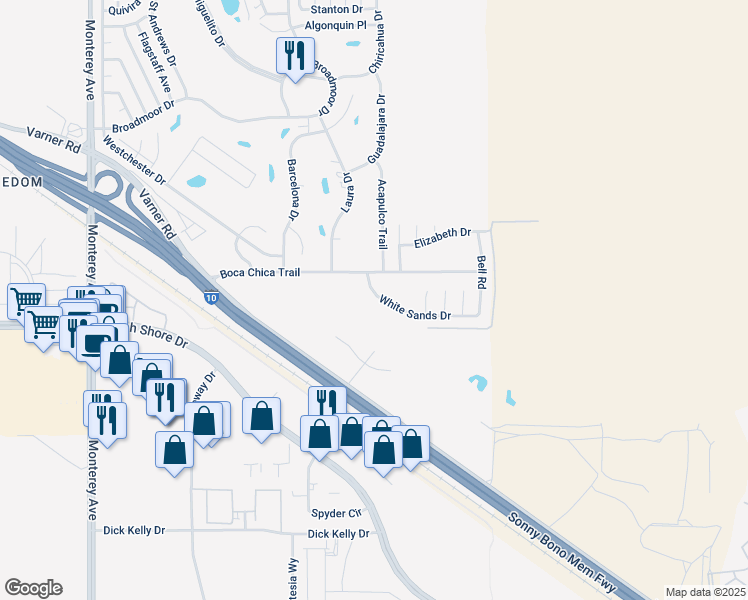 map of restaurants, bars, coffee shops, grocery stores, and more near 73751 White Sands Drive in Thousand Palms