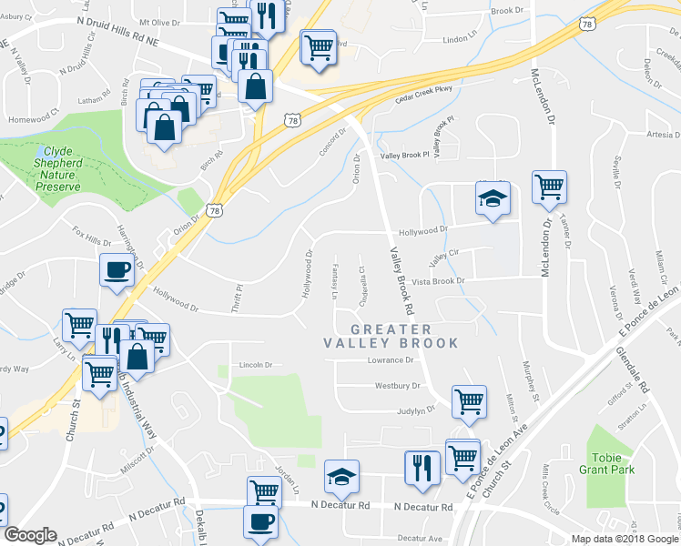 map of restaurants, bars, coffee shops, grocery stores, and more near 2822 Fantasy Lane in Decatur