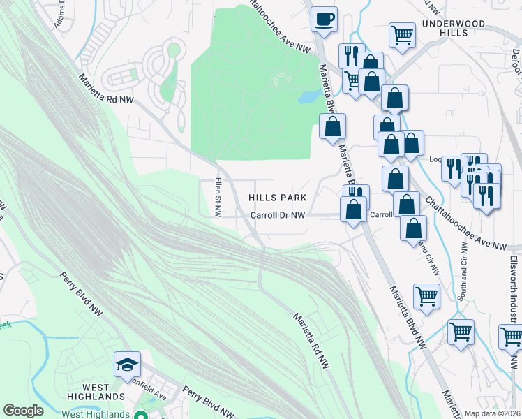 map of restaurants, bars, coffee shops, grocery stores, and more near 1667 Carroll Drive Northwest in Atlanta