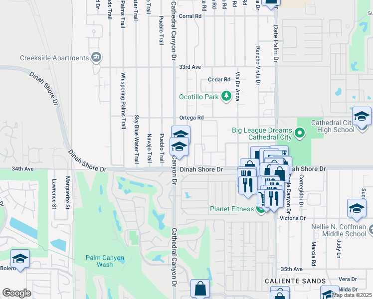 map of restaurants, bars, coffee shops, grocery stores, and more near 33815 Wishing Well Trail in Cathedral City