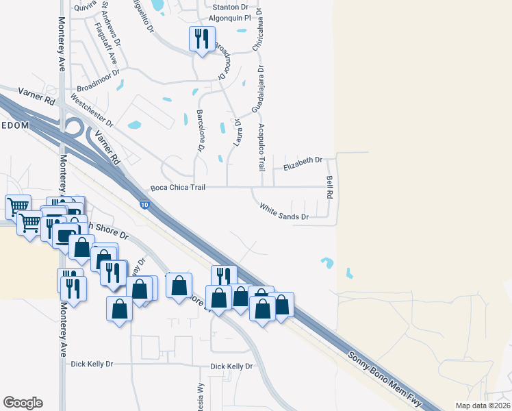 map of restaurants, bars, coffee shops, grocery stores, and more near 73751 White Sands Drive in Thousand Palms