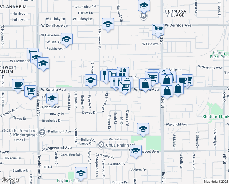 map of restaurants, bars, coffee shops, grocery stores, and more near 10621 Tibbs Circle in Garden Grove