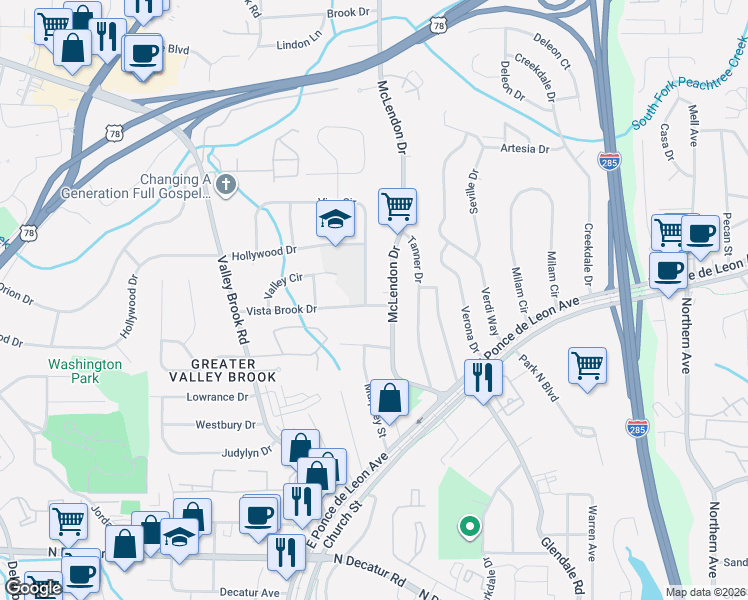 map of restaurants, bars, coffee shops, grocery stores, and more near 3129 Vista Brook Drive in Decatur